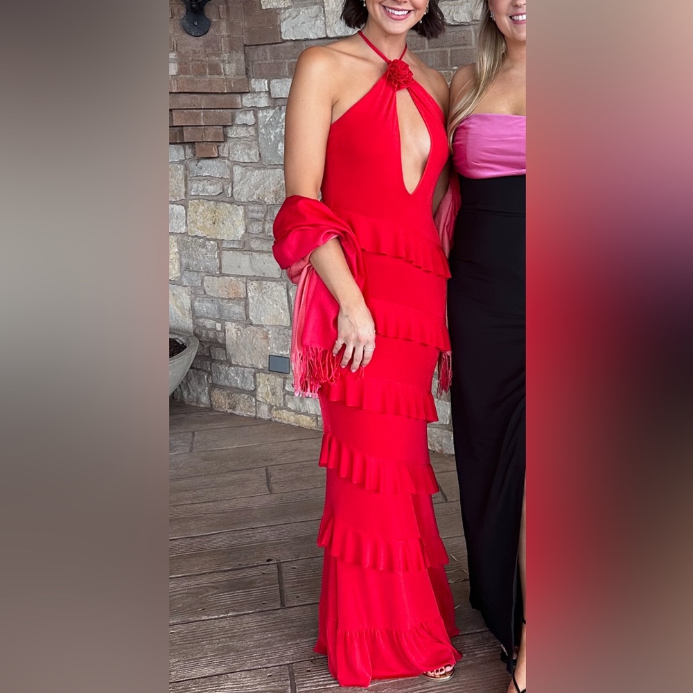 REVOLVE Red Halter Ruffle Tiered Gown